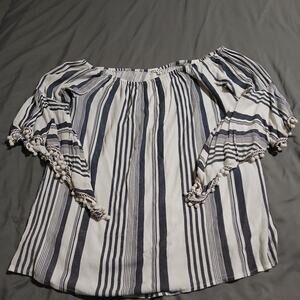 Truly 4 You M Boho Navy/White Tunic Pompom Butterfly-Sleeves Vertical Stripe